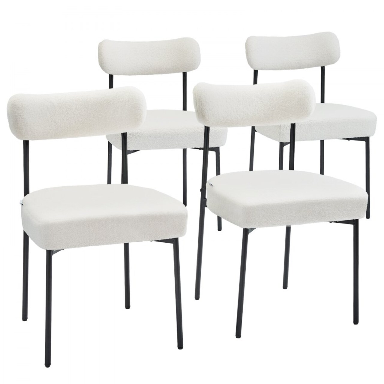White Nordic Dining Chairs Set Metal Frame Teddy Plush Cushioned Seats